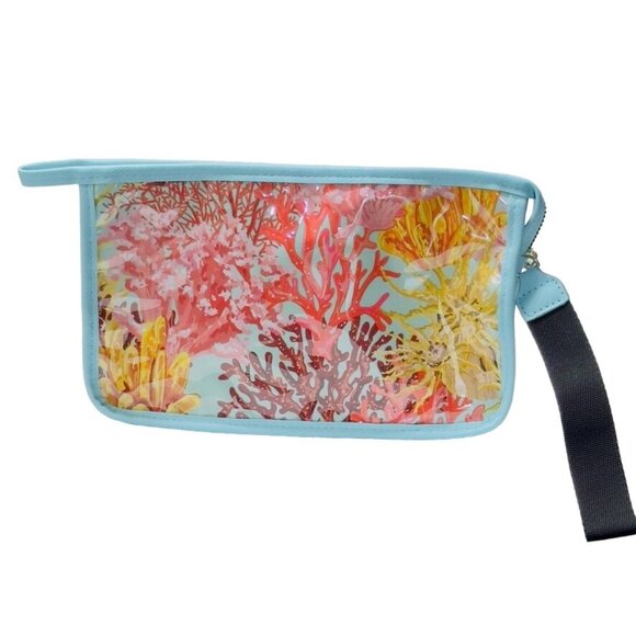 Women's Clear Vinyl Coral Reef / Floral Print Zippered Pouches Black Wrist Strap - Picture 2 of 11